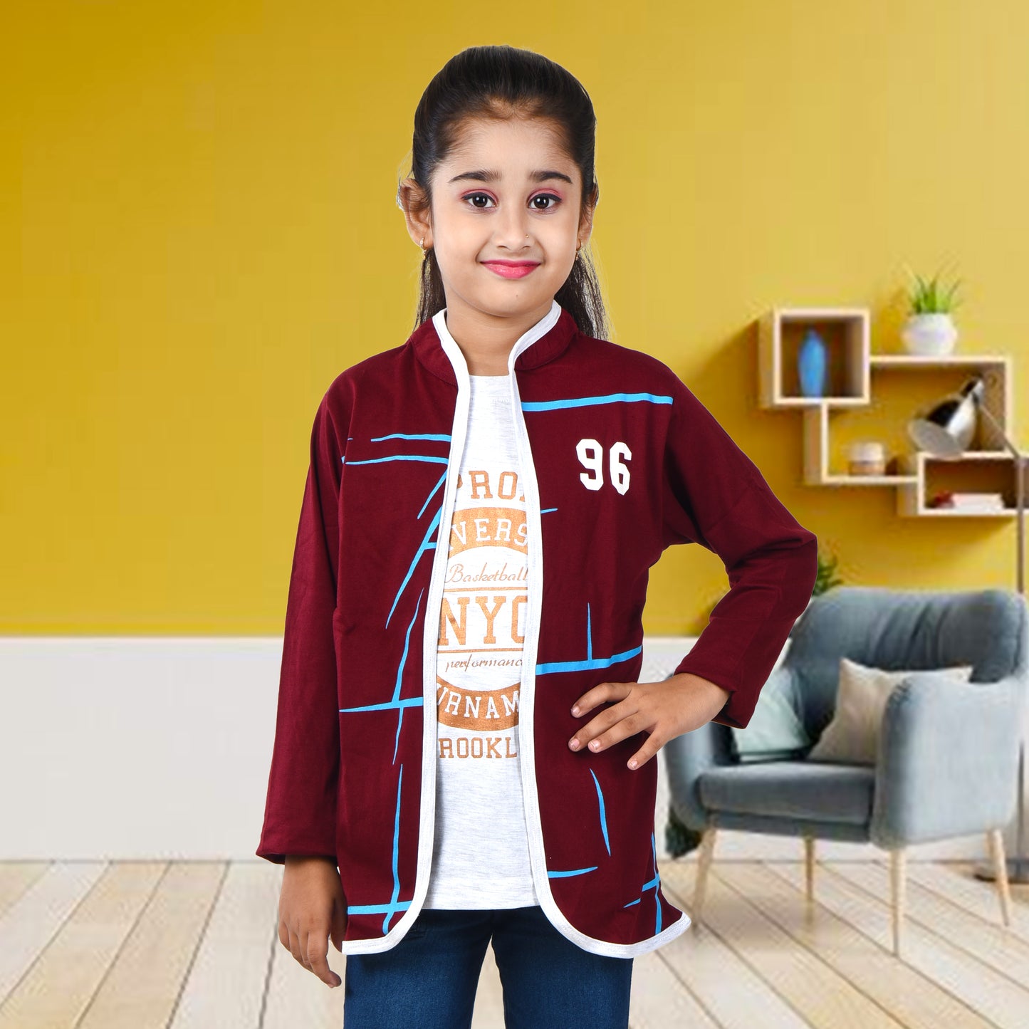 Maroon /Printed Full Sleeves Pure Cotton Girls T-shirt Attached with Shrug image 2