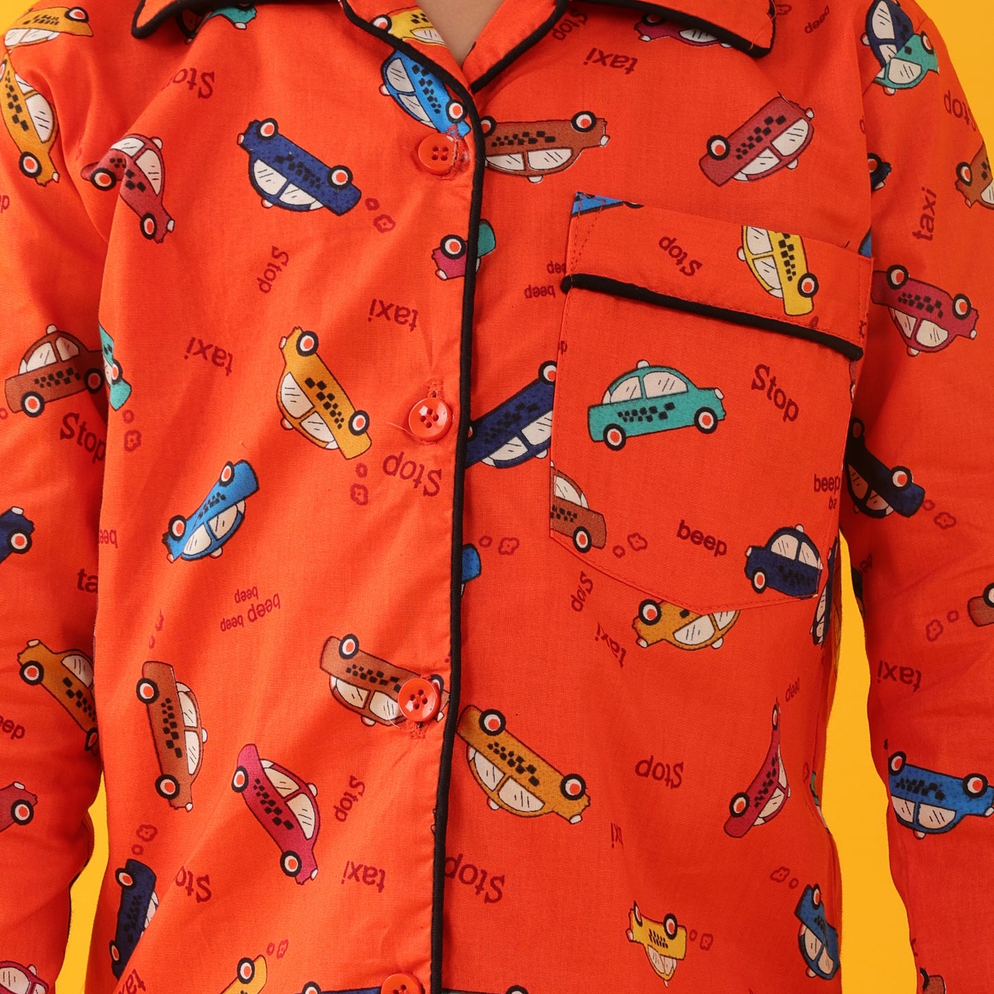 Orange /Car Printed Full Sleeves Cotton Kids Night Suit Set image 6