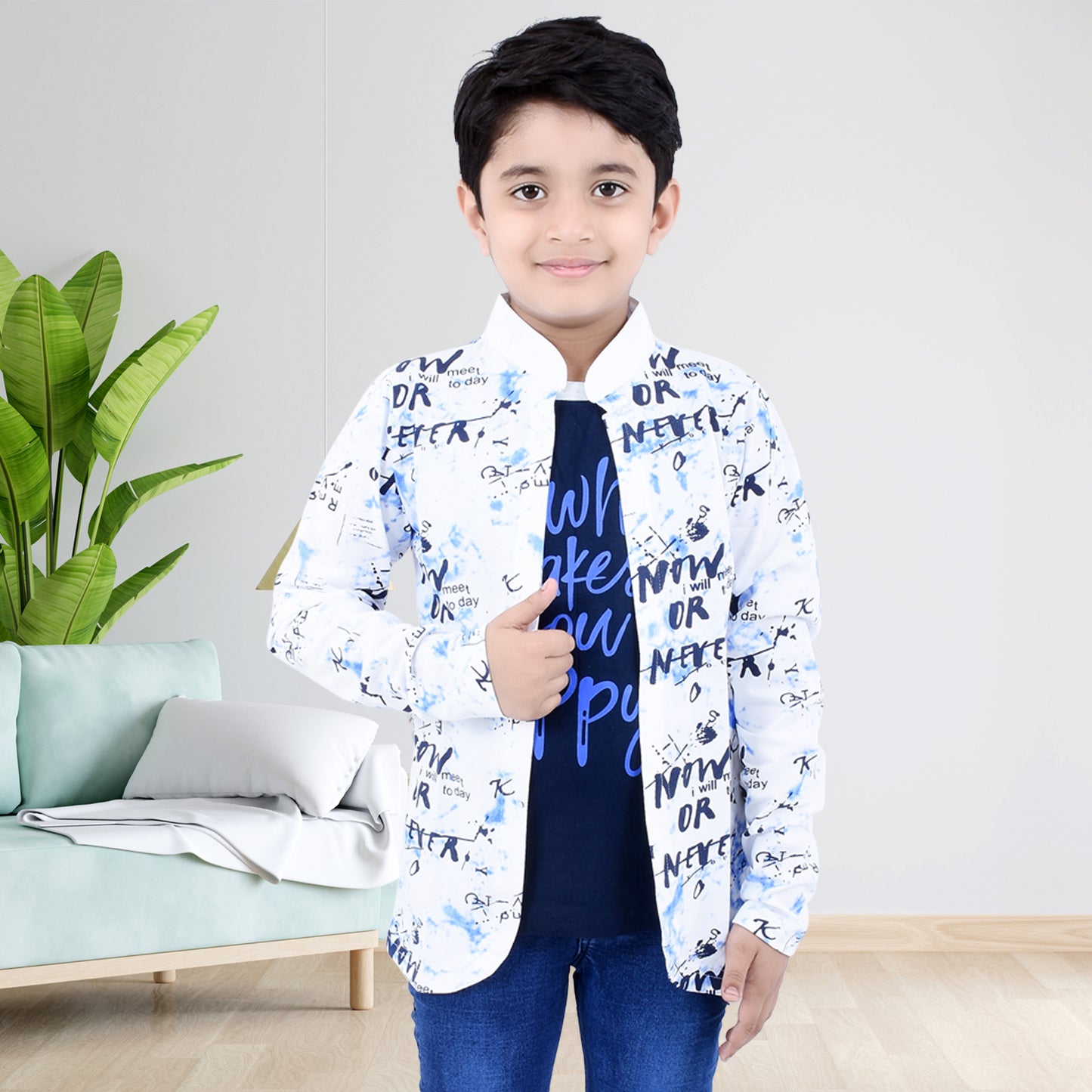 White /Printed Full Sleeves Pure Cotton Boys T-shirt Attached with Shrug image 0