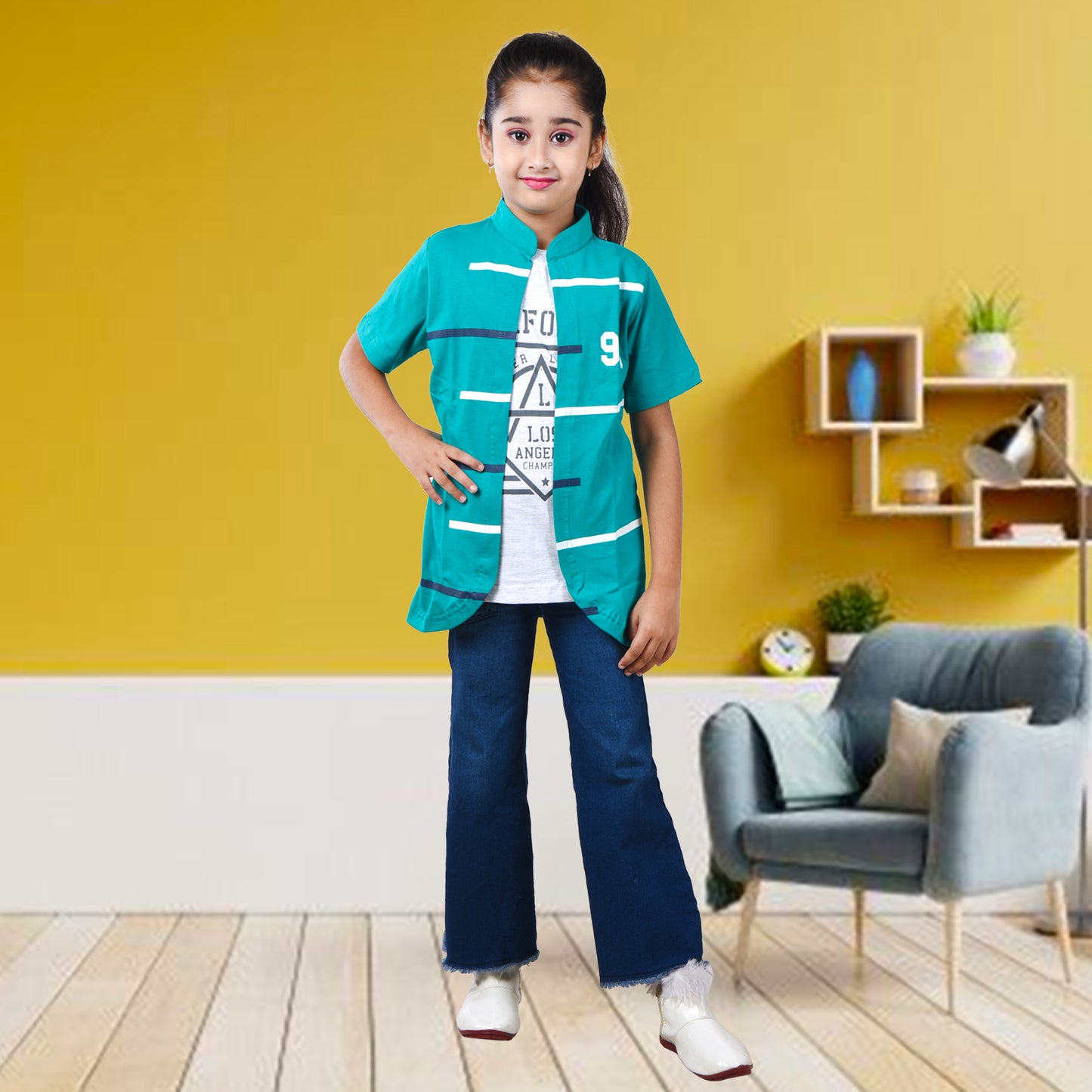 Rama Green /Printed Half Sleeves Pure Cotton Girls T-shirt Attached with Shrug image 4