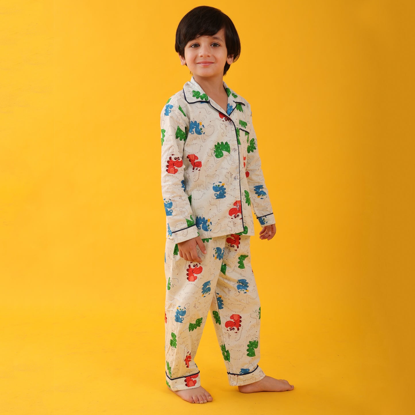 Textile White / Dragons Printed Full Sleeves Cotton kids Night Suit Set image 2