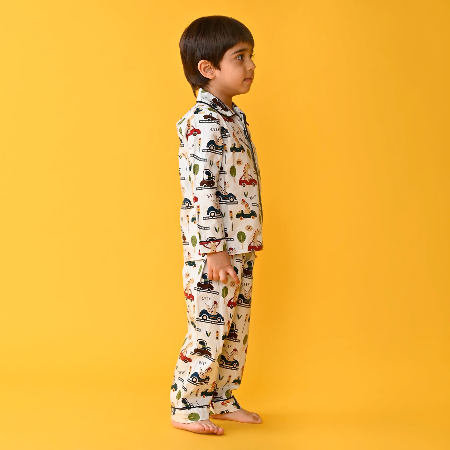 Off White / Car Printed Full Sleeves Cotton Kids Night Suit image 1