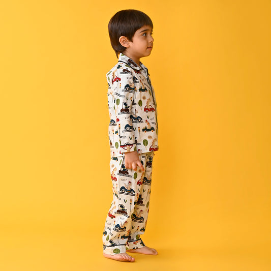 Off White / Car Printed Full Sleeves Cotton Kids Night Suit image 1