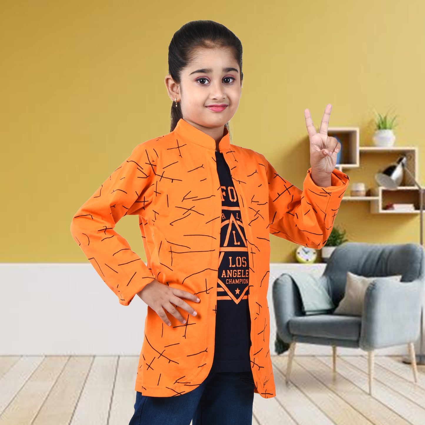 Orange /Printed Full Sleeves Pure Cotton Girls T-shirt Attached with Shrug image 3