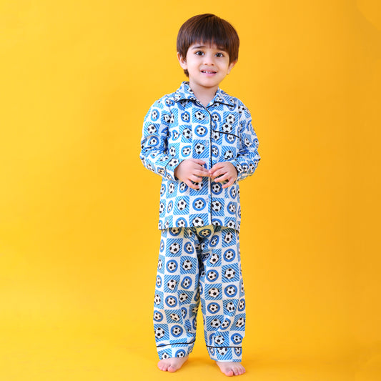 Textile Blue / Soccer Printed Full Sleeves Cotton Kids Night Suit Set image 0