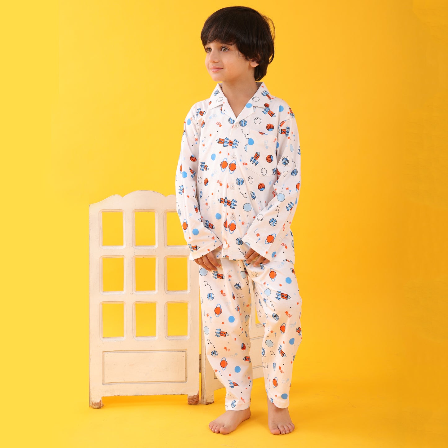 Hosiery White / Rocket Printed Full Sleeves Cotton kids Night Suit Set image 4