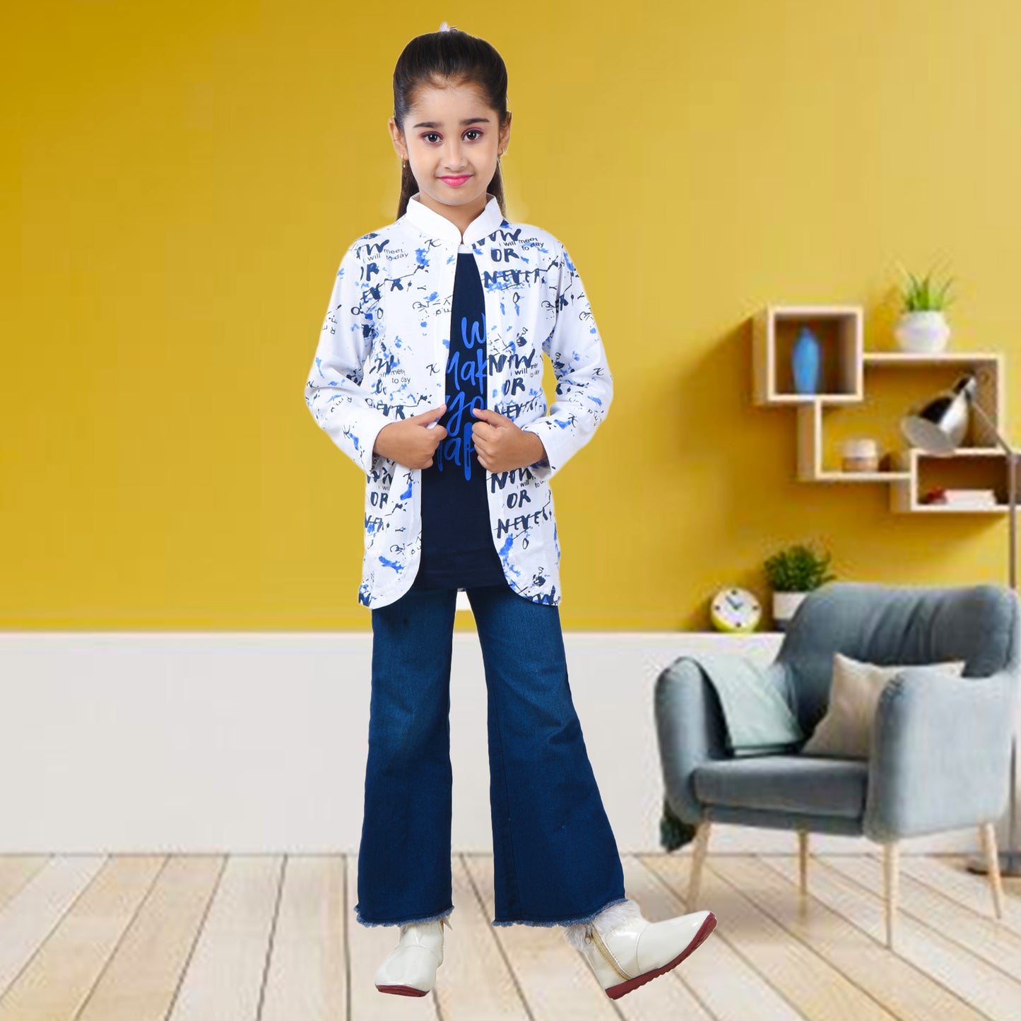 White /Printed Full Sleeves Pure Cotton Girls T-shirt Attached with Shrug image 3