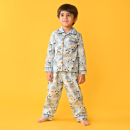 Grey / Panda Printed Full Sleeves Cotton Kids Night Suit image 1