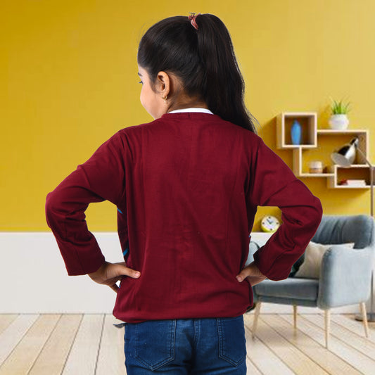 Maroon /Printed Full Sleeves Pure Cotton Girls T-shirt Attached with Shrug image 1