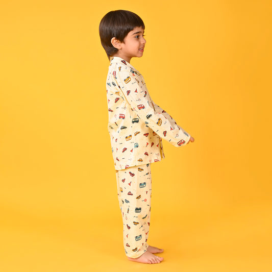 Cream Yellow / Car Printed Full Sleeves Cotton Kids Night Suit image 1