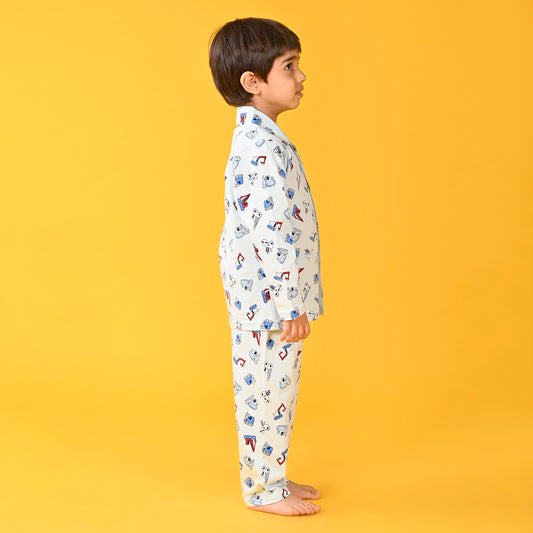 Light Blue / Bulldozar Car Printed Full Sleeves Cotton Kids Night Suit image 1