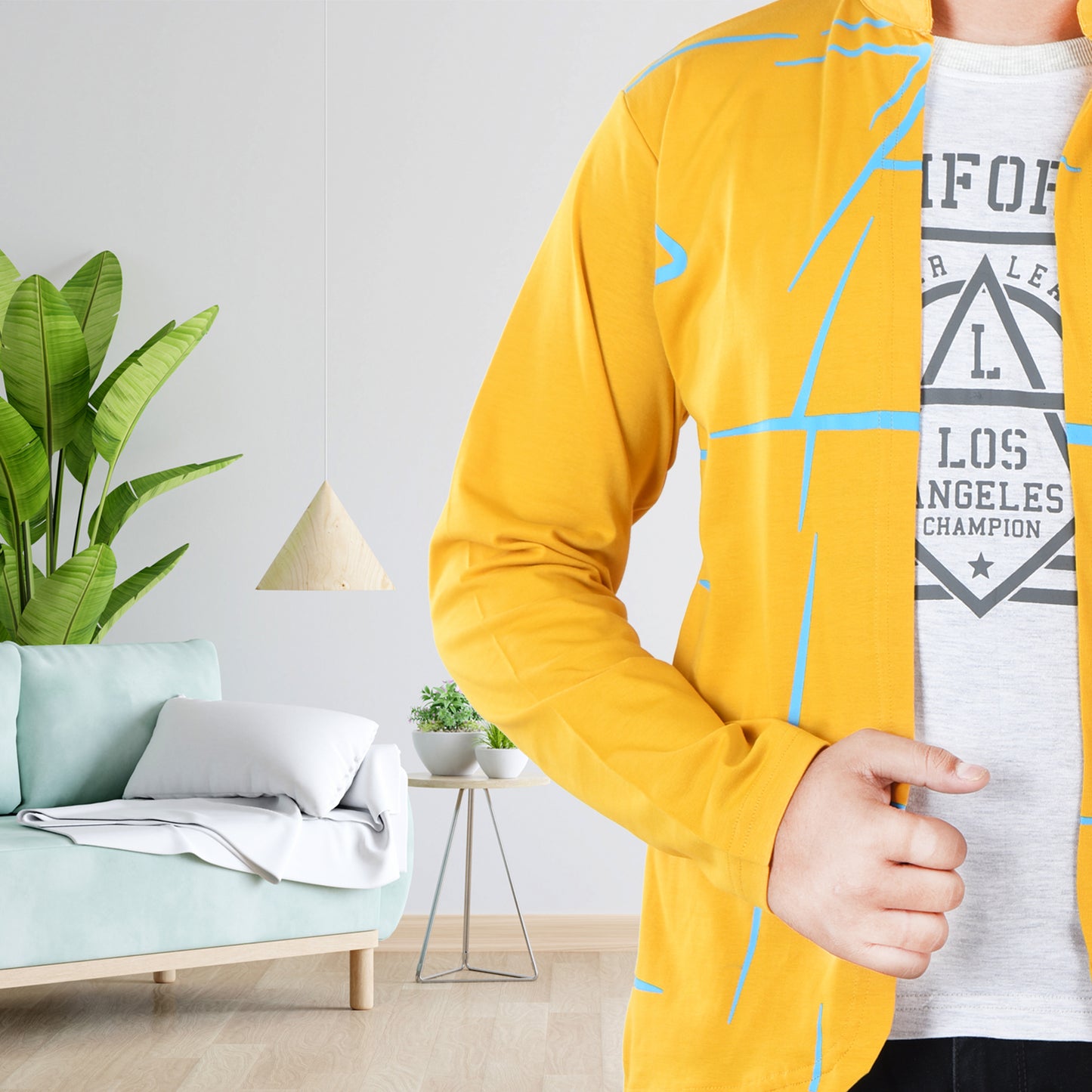 Mustard/Printed Full Sleeves Pure Cotton Boys T-shirt Attached with Shrug image 3