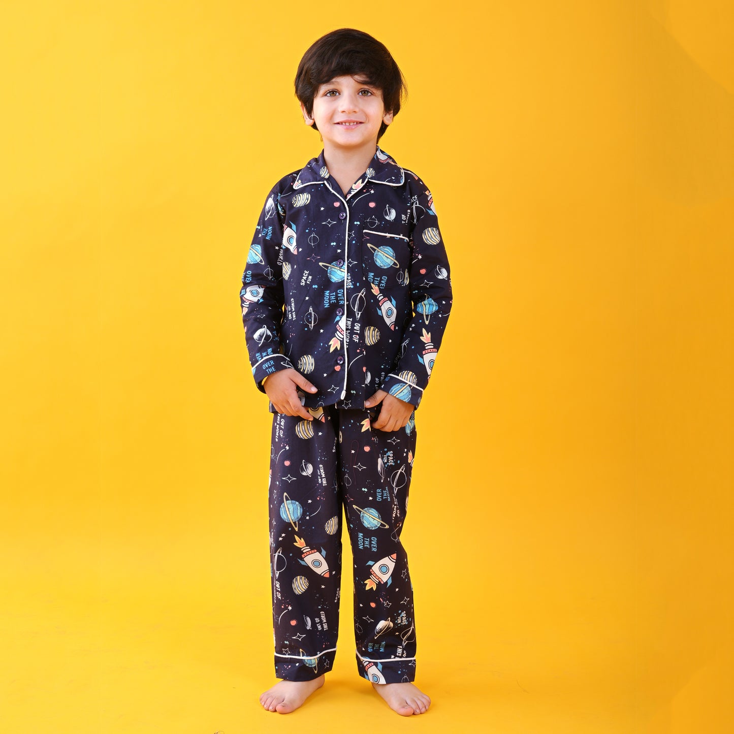 Navy Blue /Space Printed Full Sleeves Cotton kids Night Suit Set image 0