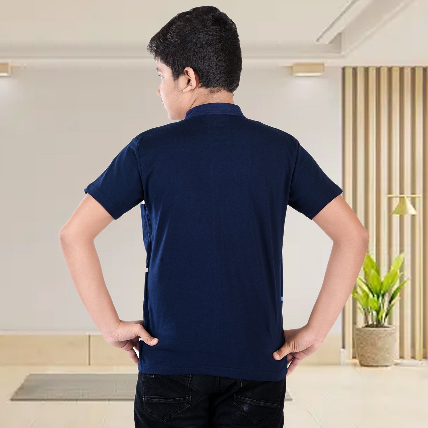 Navy Blue /Printed Half Sleeves Pure Cotton Boys T-shirt Attached with Shrug image 1