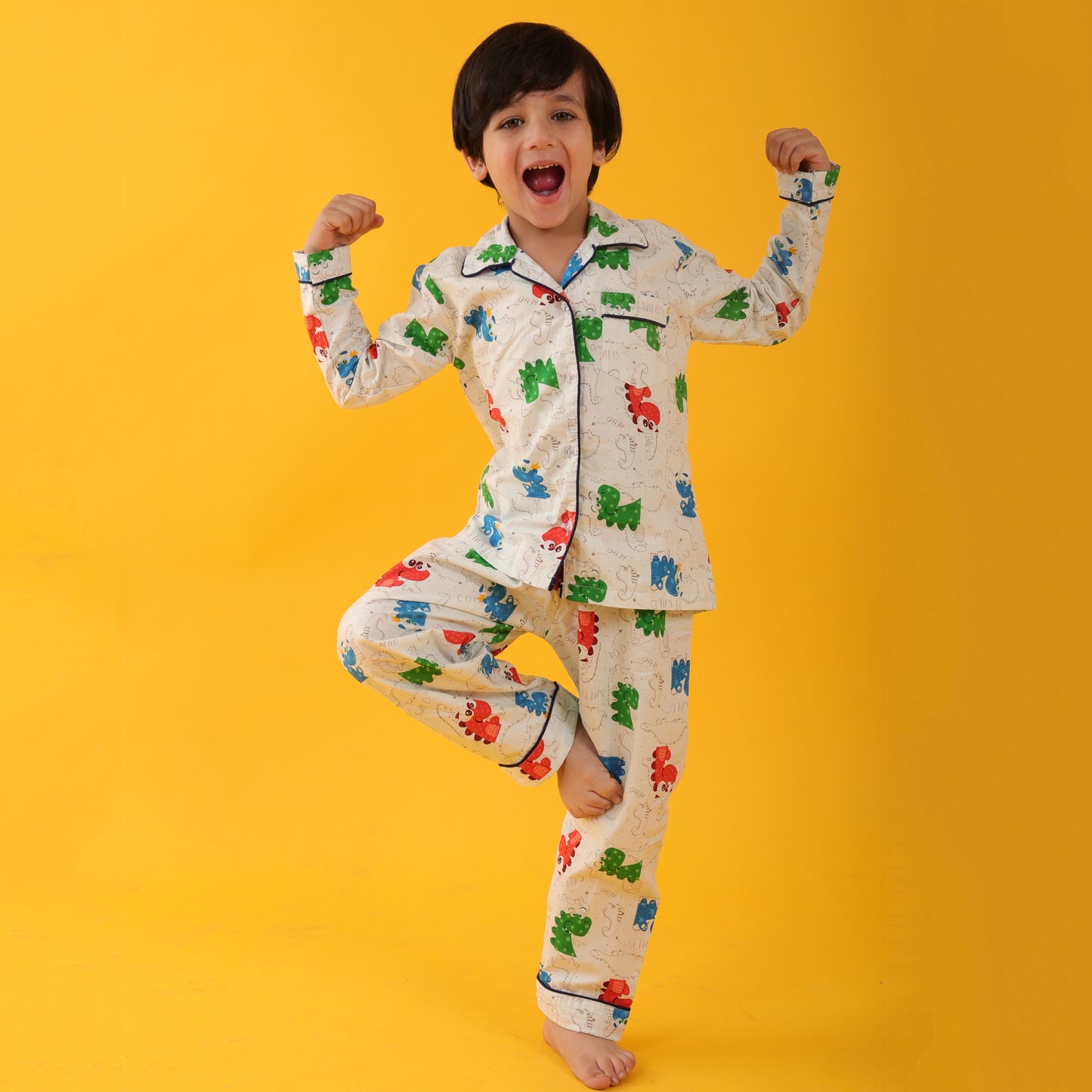 Textile White / Dragons Printed Full Sleeves Cotton kids Night Suit Set image 4