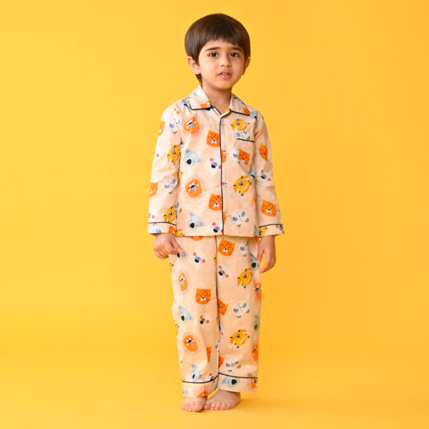 Peach Orange / Lion Printed Full Sleeves Cotton Kids Night Suit image 0