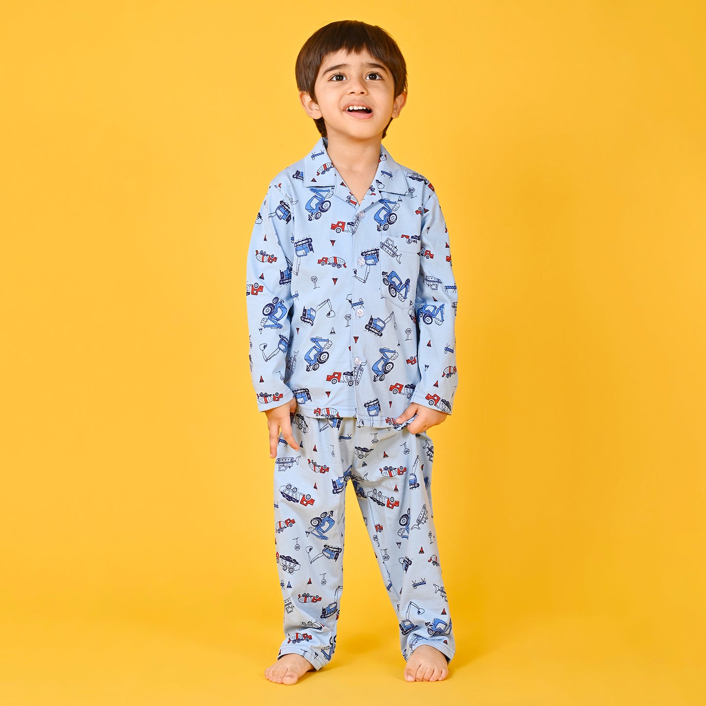 Coral Blue / Bulldozer Printed Full Sleeves Cotton Kids Night Suit image 0