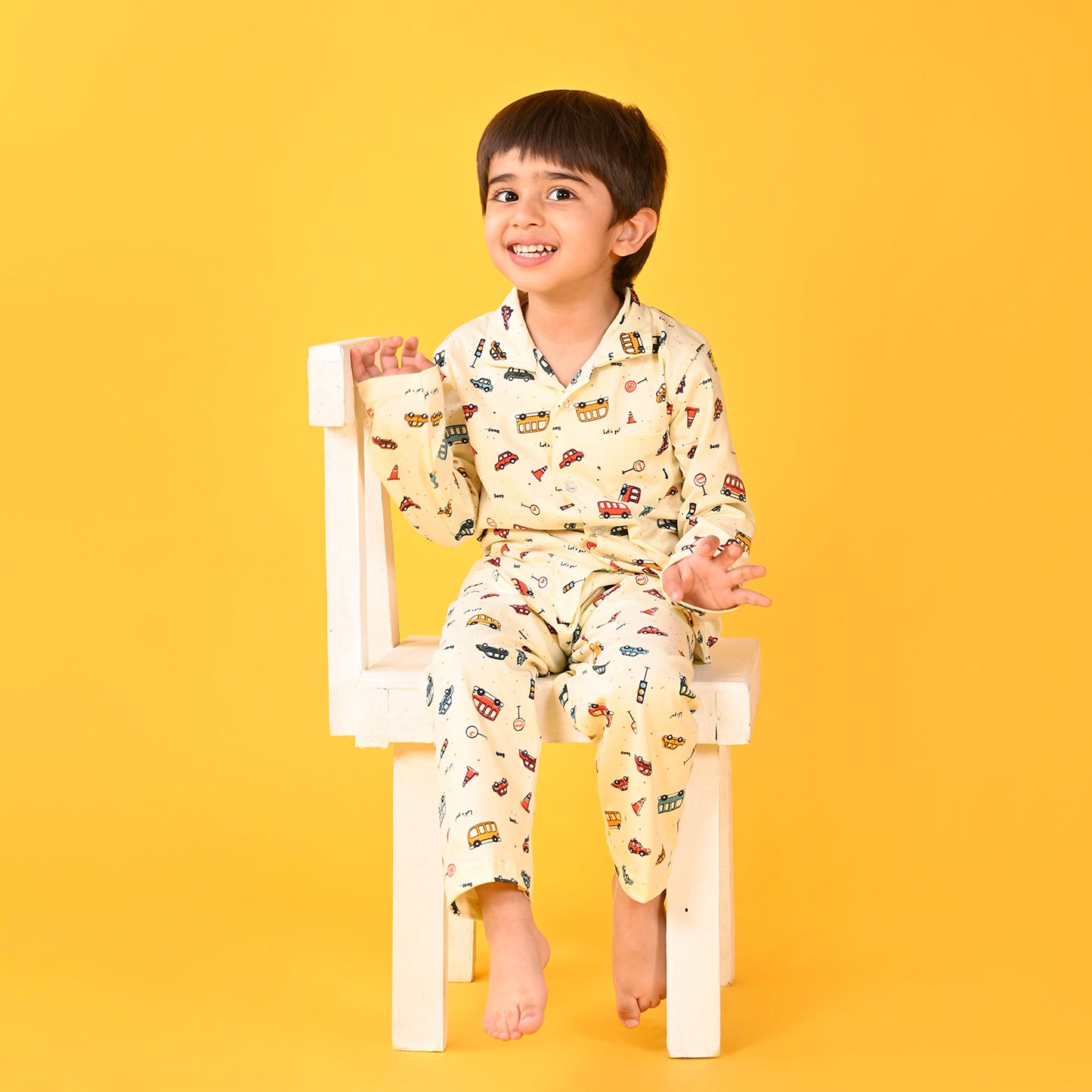 Cream Yellow / Car Printed Full Sleeves Cotton Kids Night Suit image 3