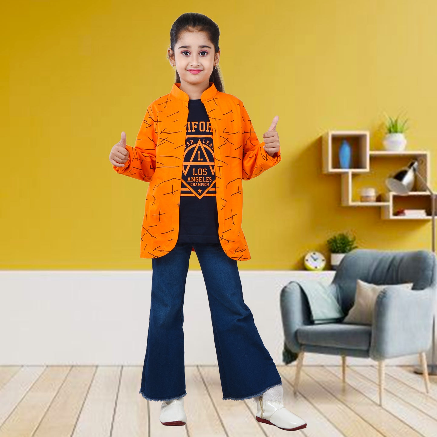 Orange /Printed Full Sleeves Pure Cotton Girls T-shirt Attached with Shrug image 4