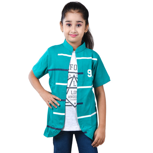 Jam & Sugar Girls Cotton Printed T-Shirt with Attached Shrug Jacket (Rama Green) image 1