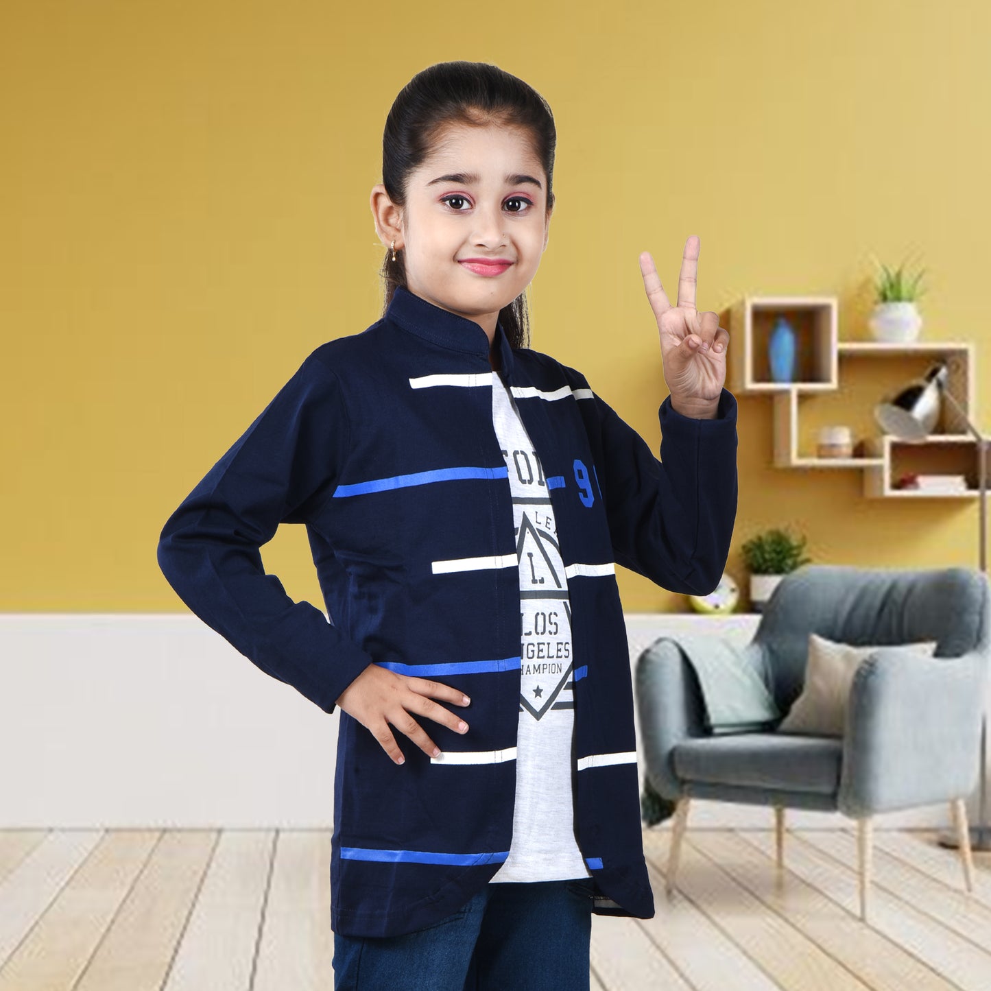 Navy Blue /Printed Full Sleeves Pure Cotton Girls T-shirt Attached with Shrug image 3