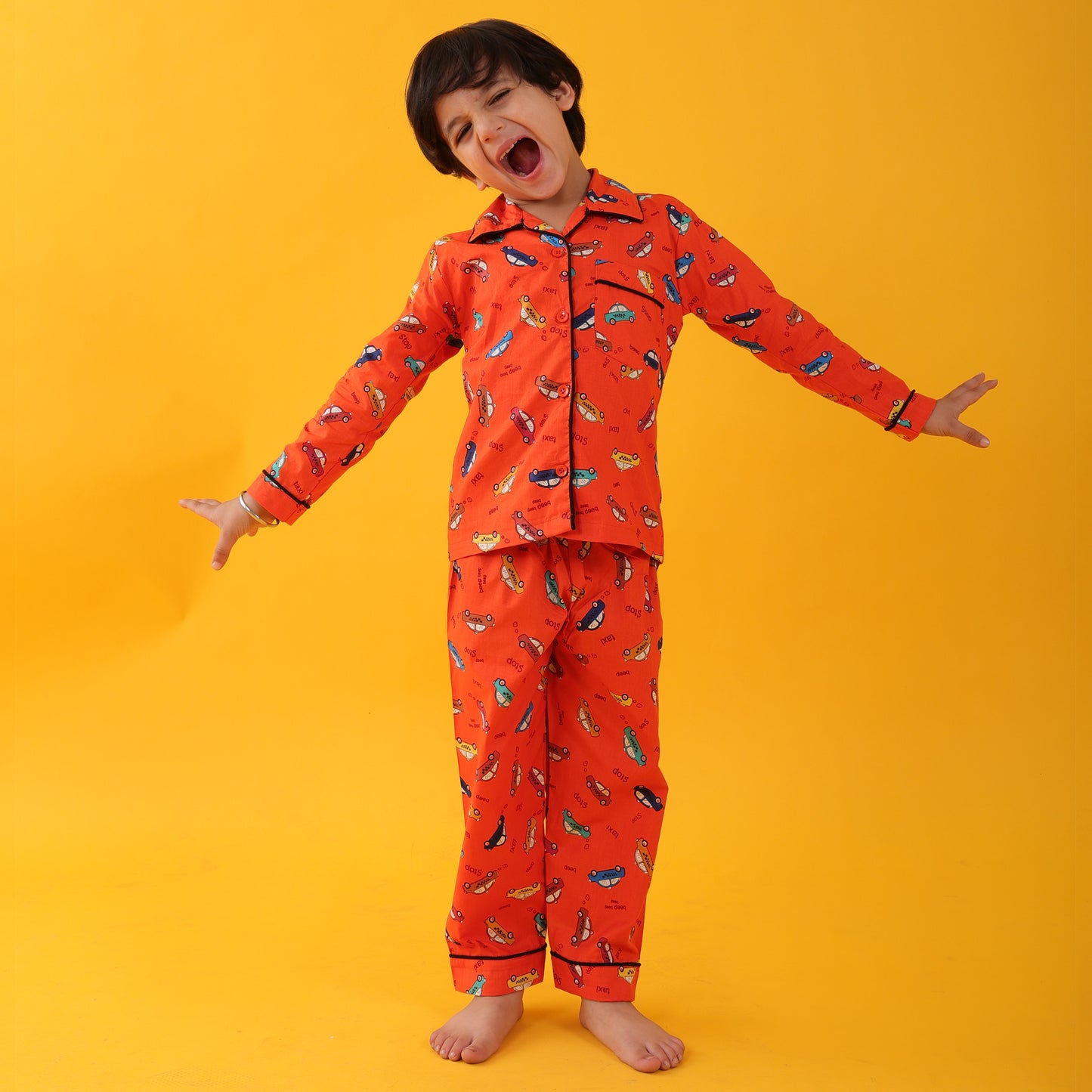 Orange /Car Printed Full Sleeves Cotton Kids Night Suit Set image 3