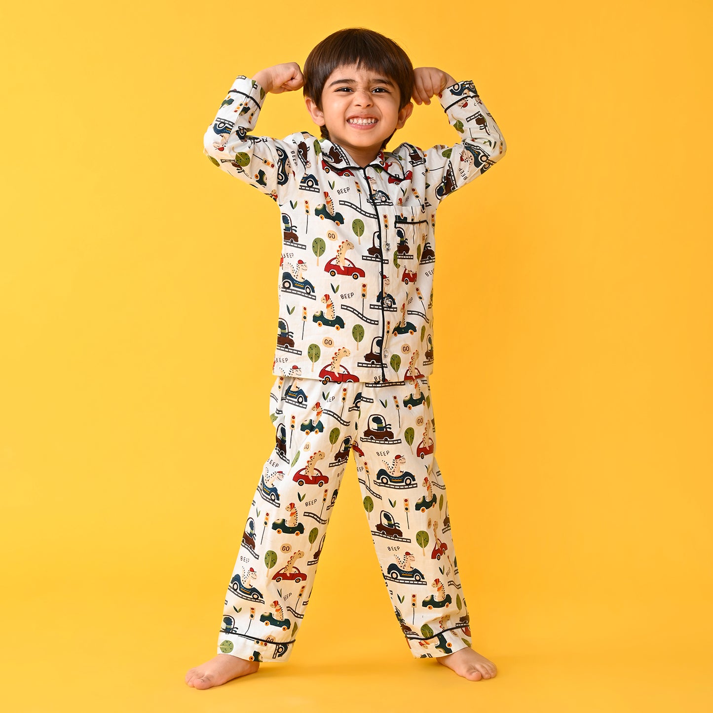 Off White / Car Printed Full Sleeves Cotton Kids Night Suit image 3