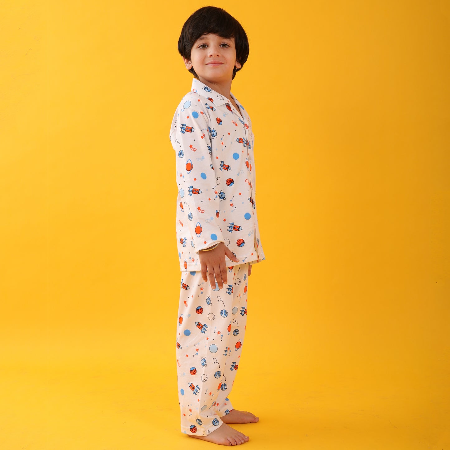 Hosiery White / Rocket Printed Full Sleeves Cotton kids Night Suit Set image 3