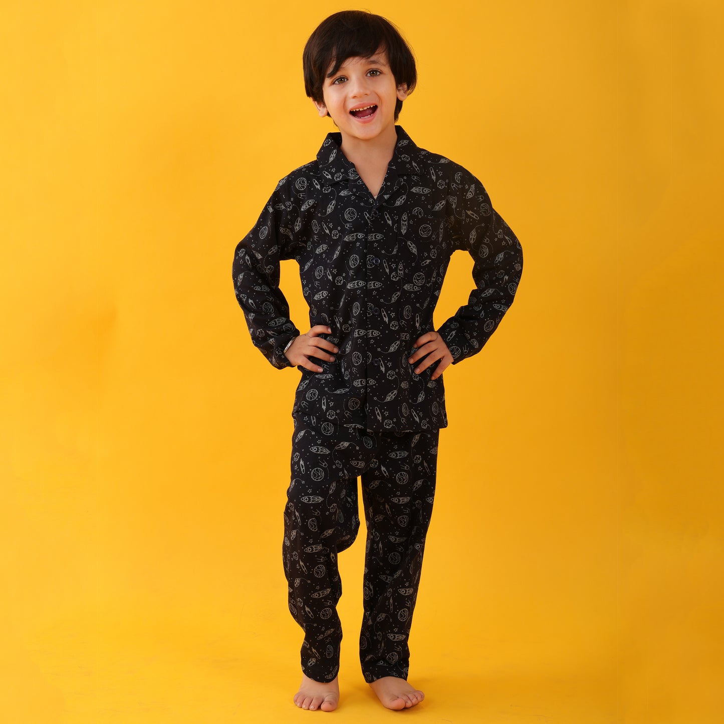 Hosiery Navy / Dark Galaxy Printed Full Sleeves Cotton kids Night Suit Set image 0