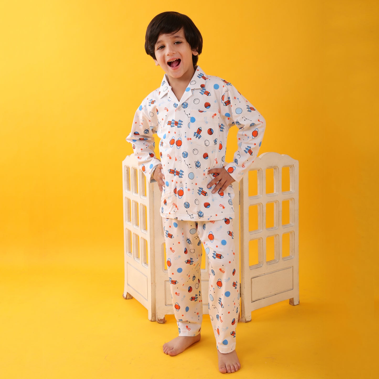 Hosiery White / Rocket Printed Full Sleeves Cotton kids Night Suit Set image 5