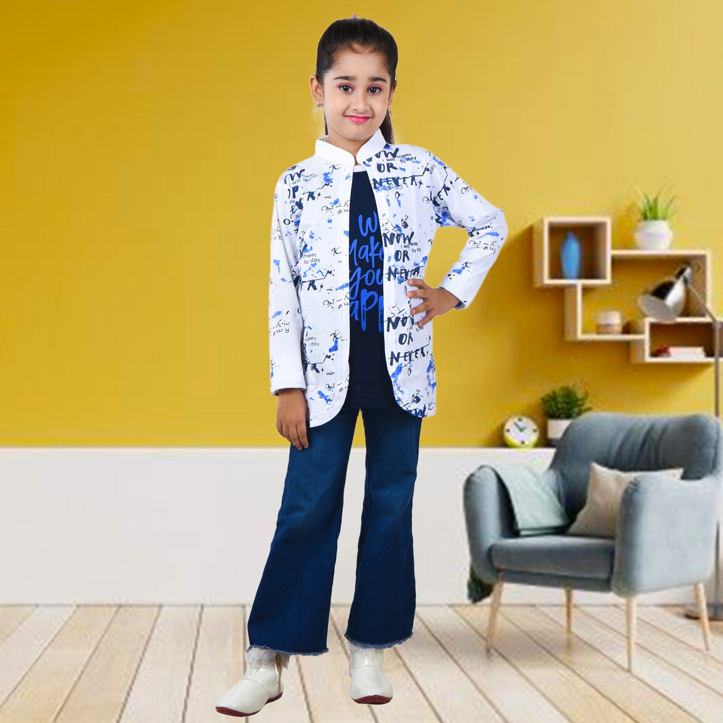 White /Printed Full Sleeves Pure Cotton Girls T-shirt Attached with Shrug image 4