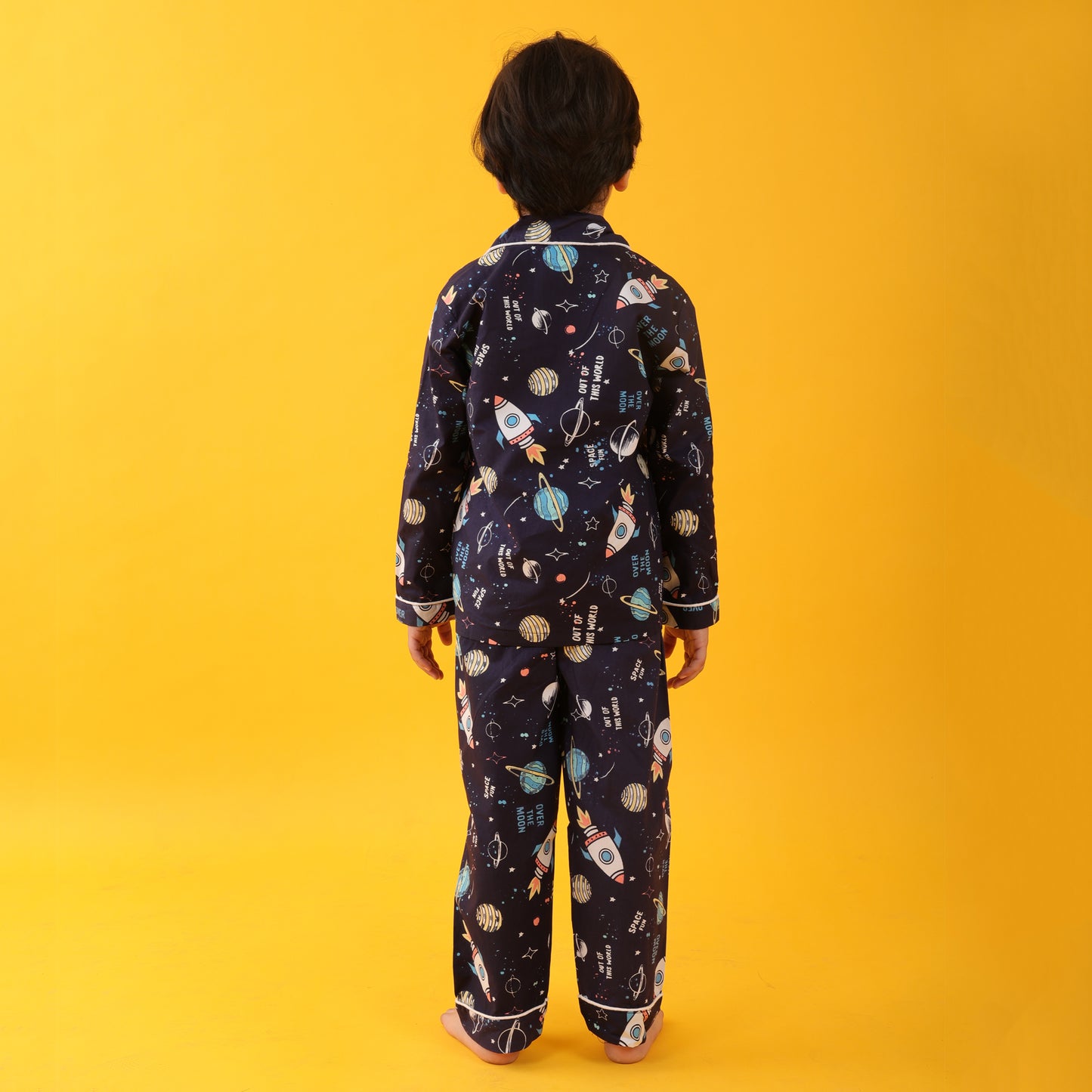 Navy Blue /Space Printed Full Sleeves Cotton kids Night Suit Set image 5