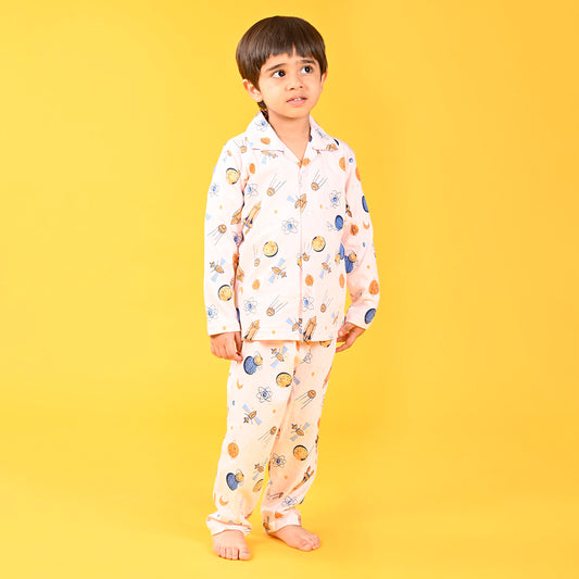 Light Pink / Galaxy Printed Full Sleeves Cotton Kids Night Suit image 1