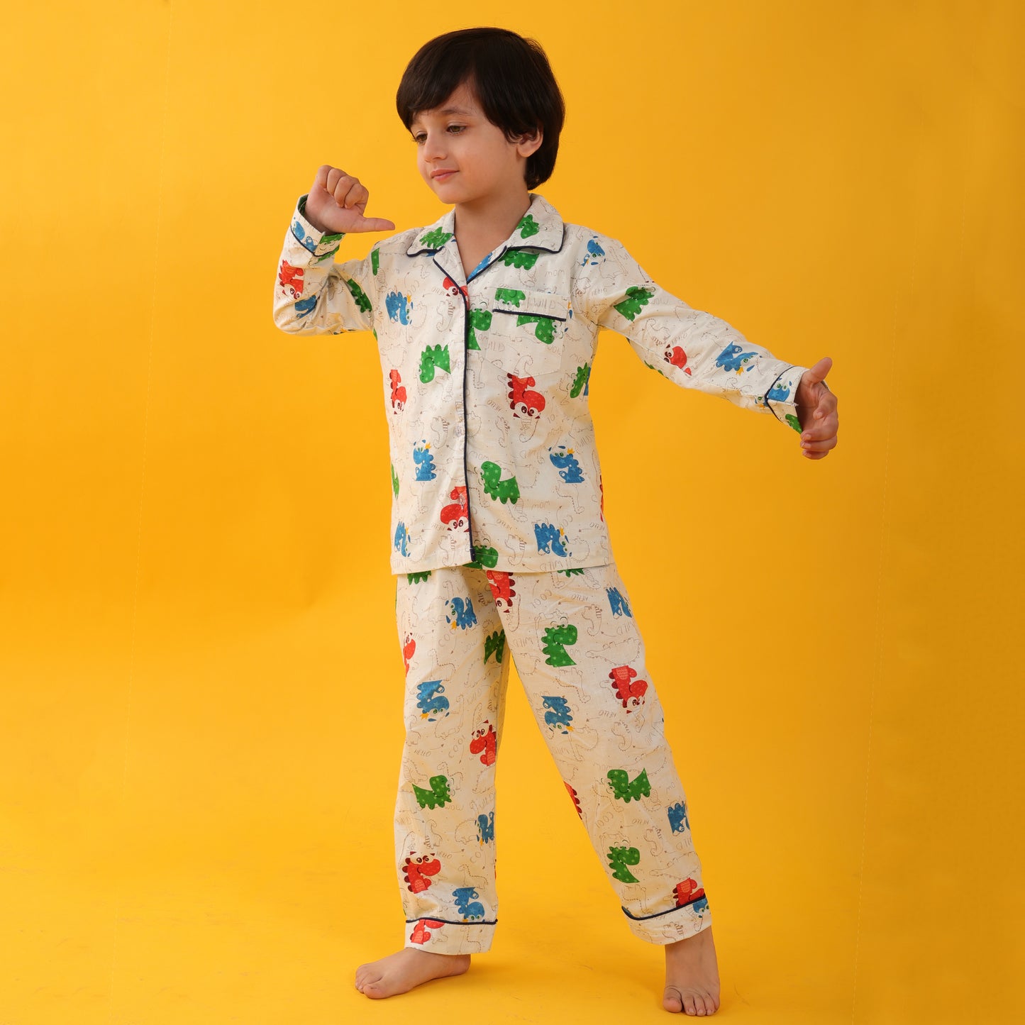 Textile White / Dragons Printed Full Sleeves Cotton kids Night Suit Set image 6