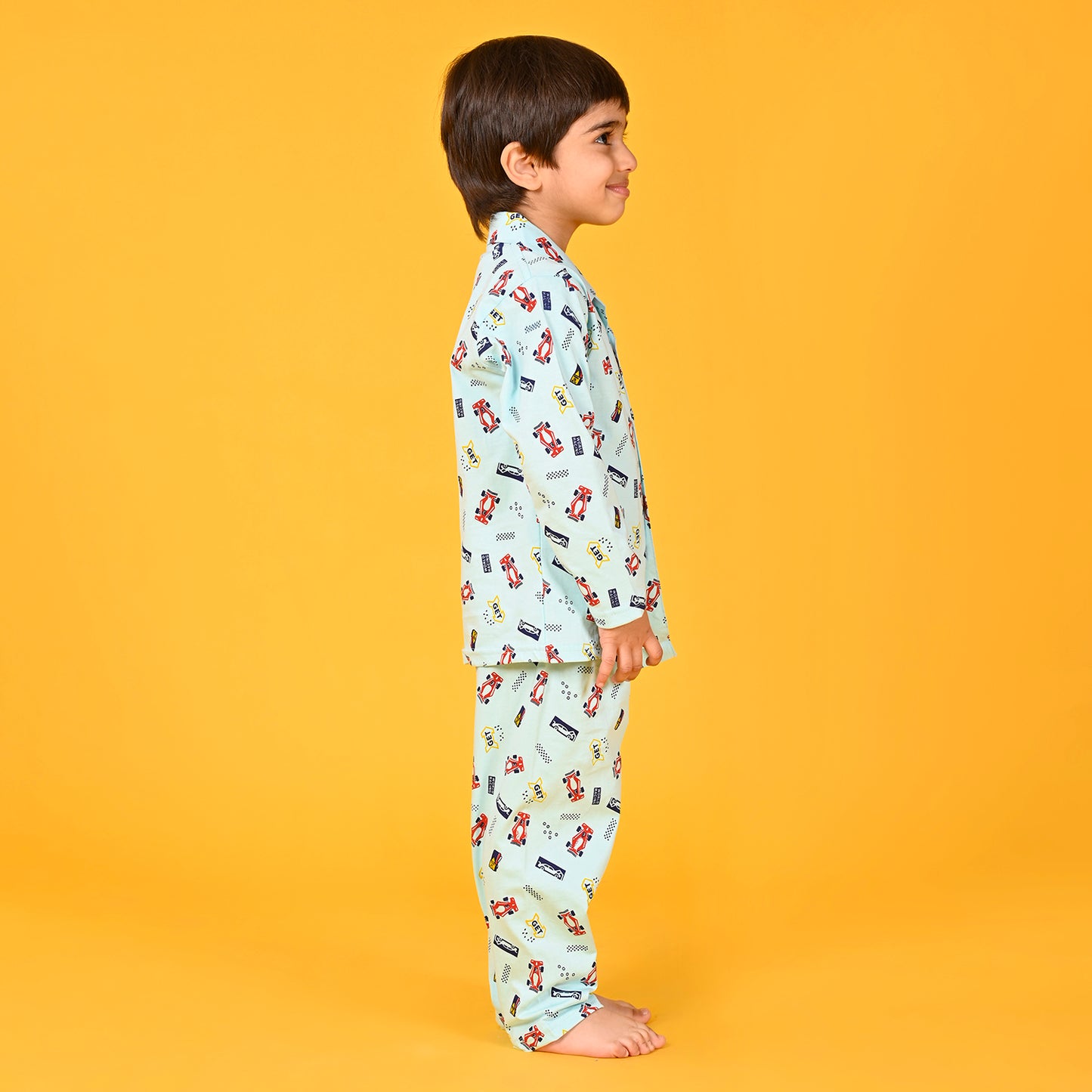 Aqua Blue / Recing Car Printed Full Sleeves Cotton Kids Night Suit image 1