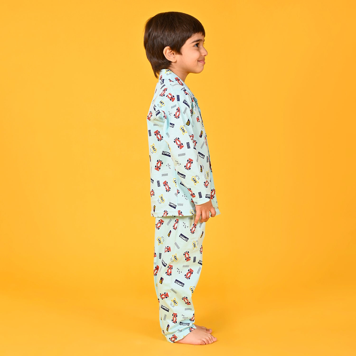 Aqua Blue / Recing Car Printed Full Sleeves Cotton Kids Night Suit image 1