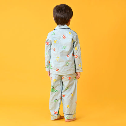 Sky Blue / Bird Printed Full Sleeves Cotton Kids Night Suit image 5