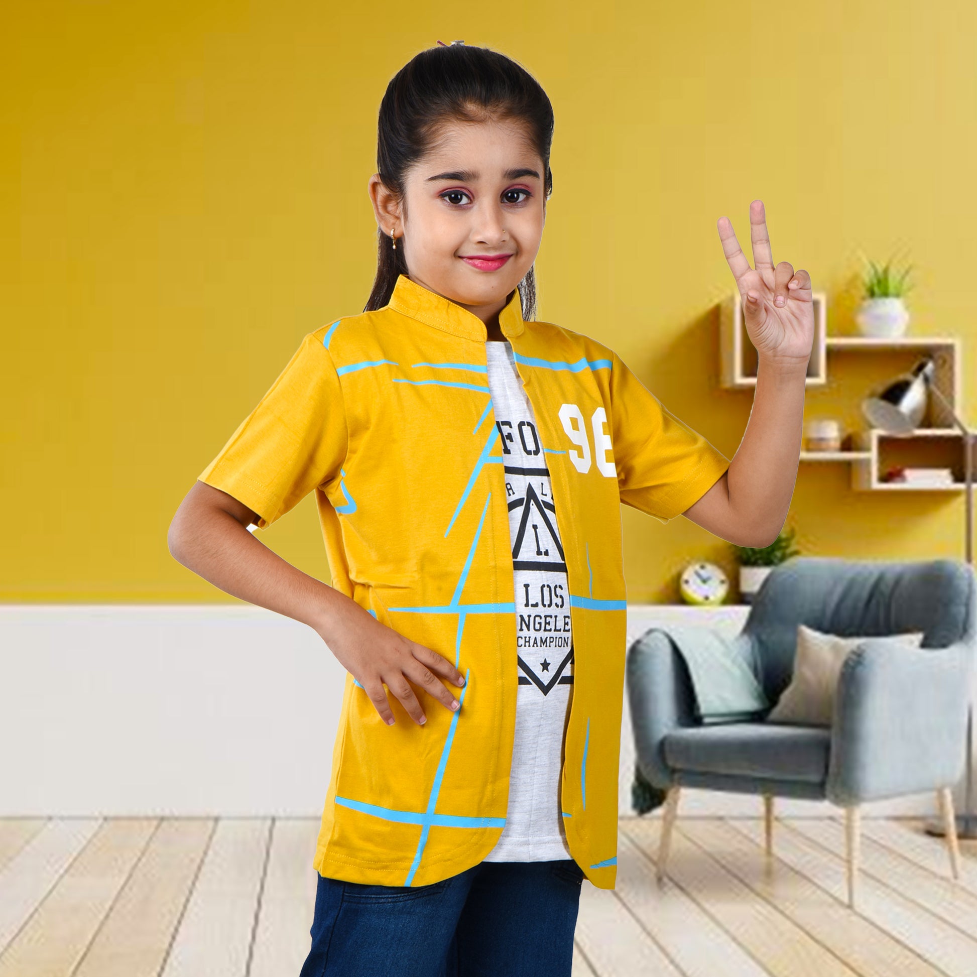 Mustard /Printed Half Sleeves Pure Cotton Girls T-shirt Attached with Shrug image 2