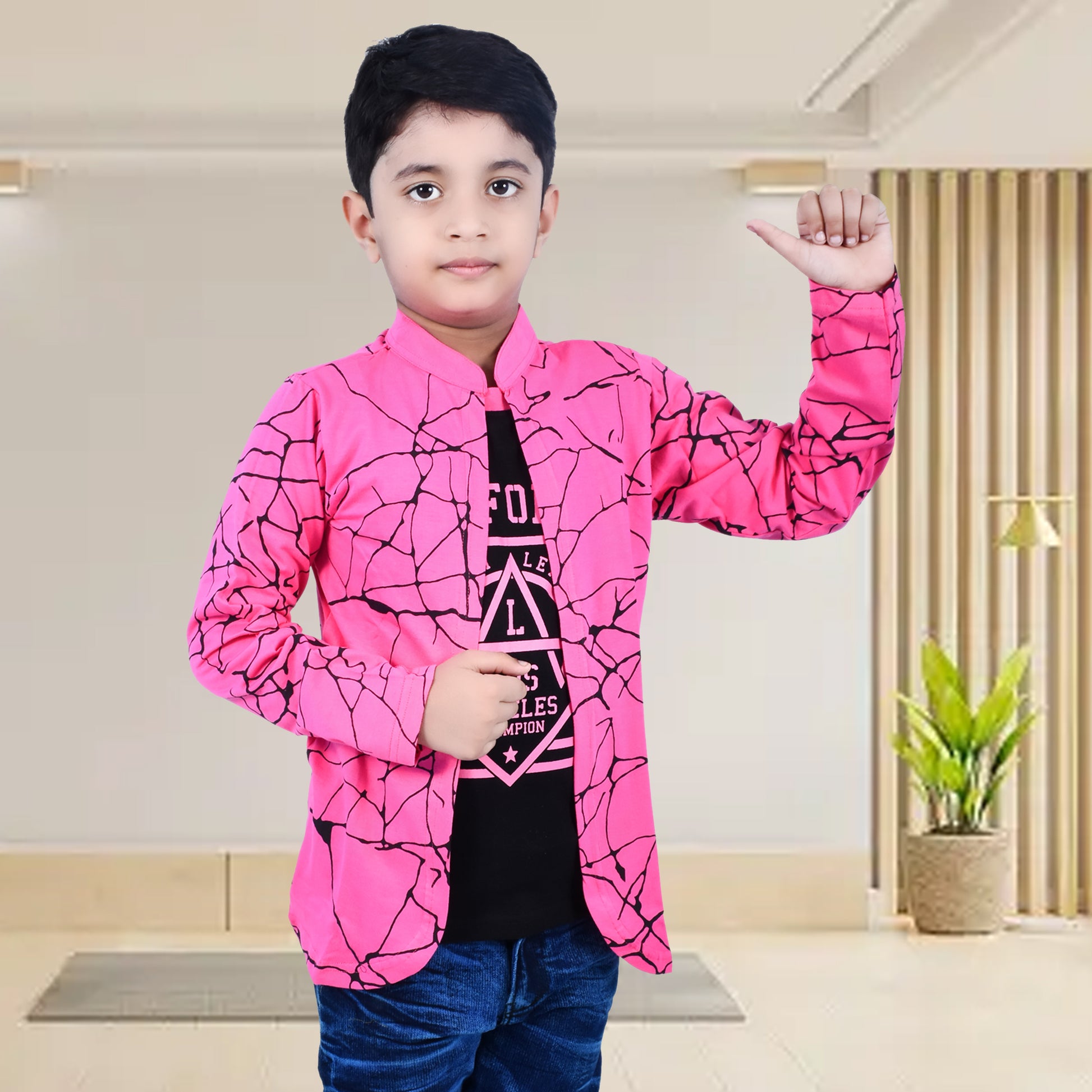 Pink /Printed Full Sleeves Pure Cotton Boys T-shirt Attached with Shrug image 2