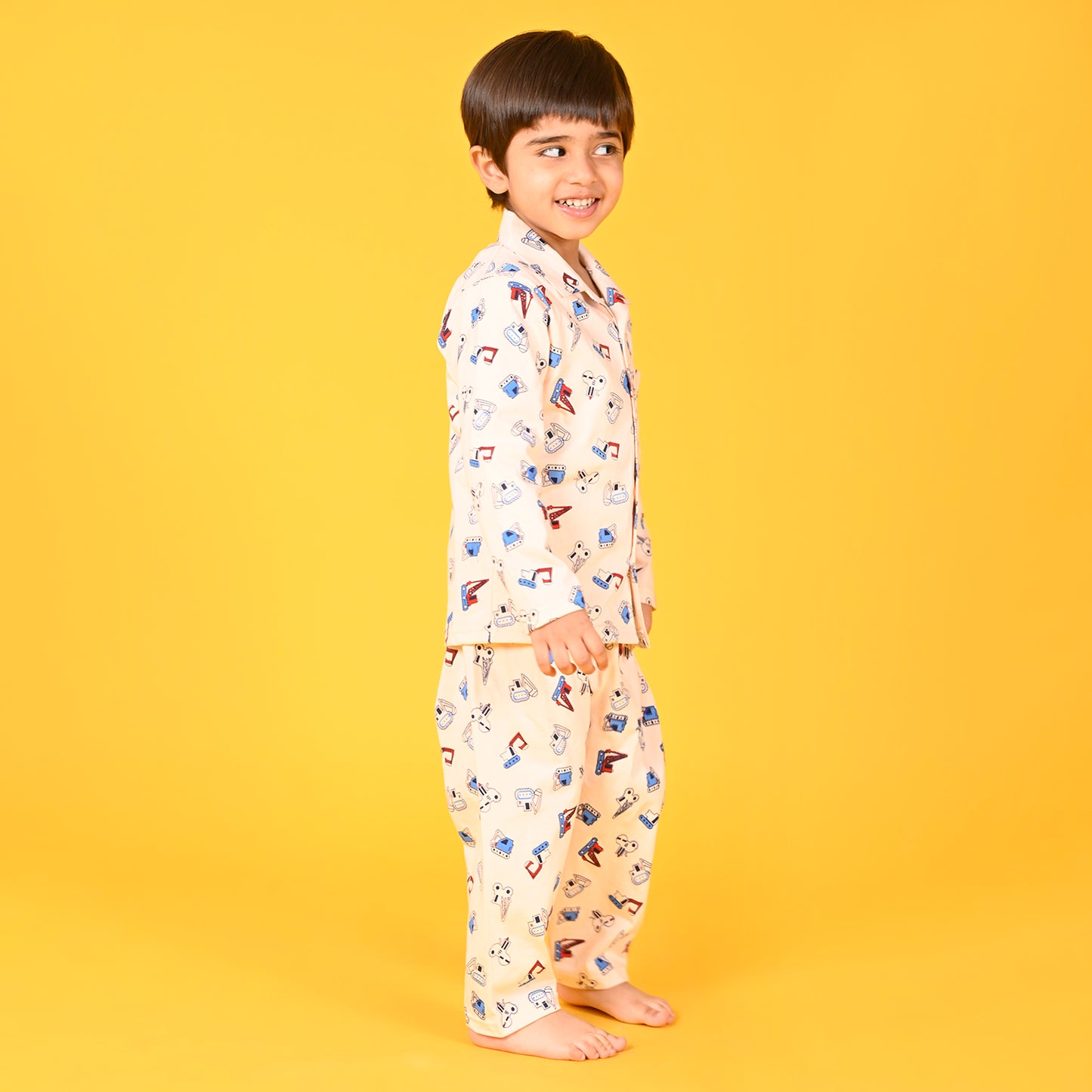 Peach / Car Printed Full Sleeves Cotton Kids Night Suit image 1