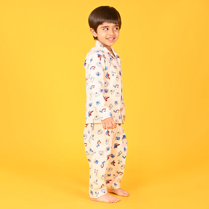 Peach / Car Printed Full Sleeves Cotton Kids Night Suit image 1