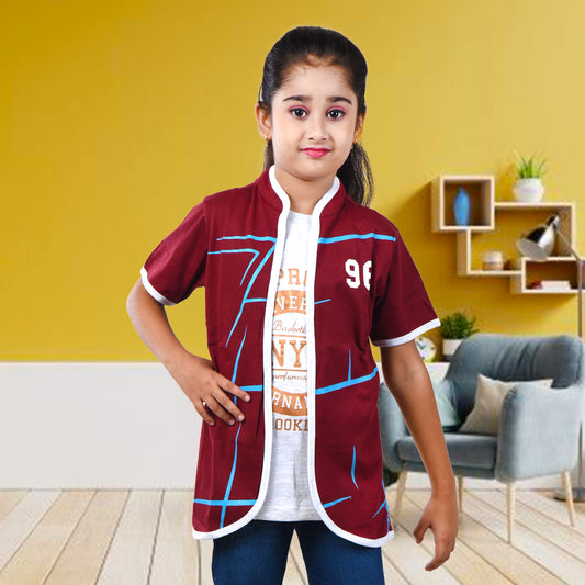 Maroon /Printed Half Sleeves Pure Cotton Girls T-shirt Attached with Shrug image 0