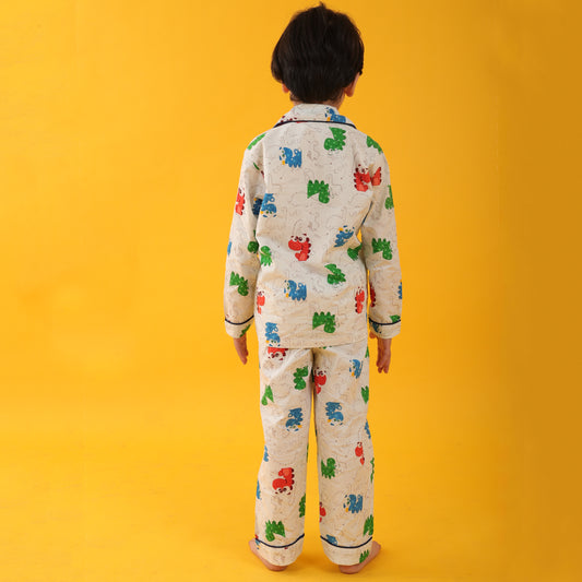 Textile White / Dragons Printed Full Sleeves Cotton kids Night Suit Set image 1