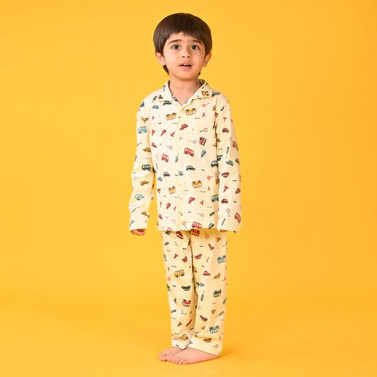 Cream Yellow / Car Printed Full Sleeves Cotton Kids Night Suit image 0