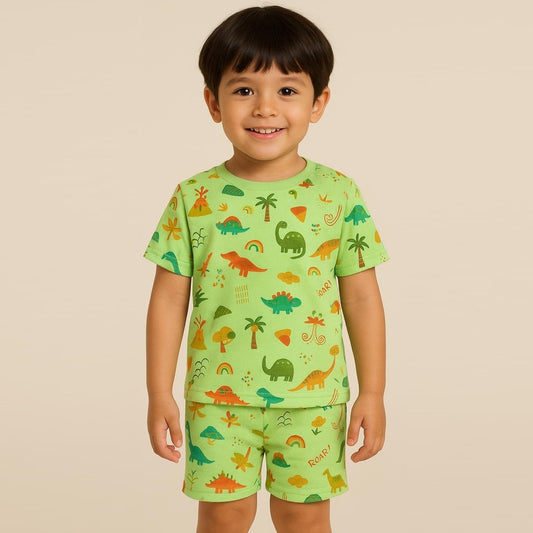 Green 100% Cotton Printed Half Sleeves Co-ord Set for Boys