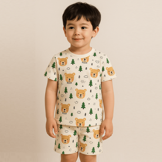 Beige 100% Cotton Printed Half Sleeves Co-ord Set for Boys
