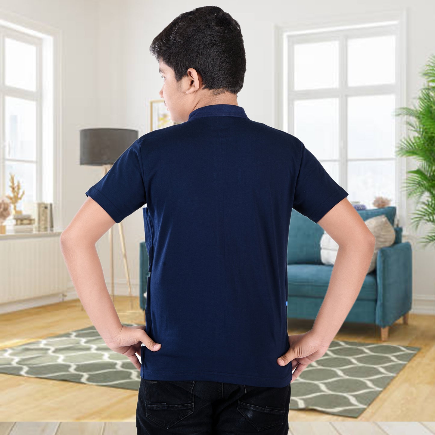 Navy/Printed Half Sleeves Pure Cotton Boys T-shirt Attached with Shrug image 1