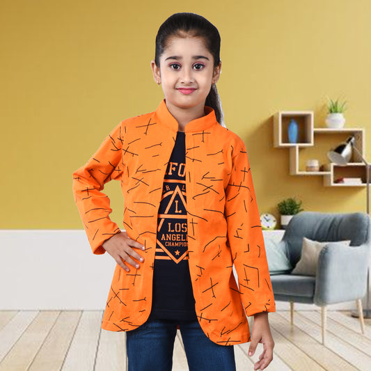 Orange /Printed Full Sleeves Pure Cotton Girls T-shirt Attached with Shrug image 0