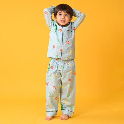 Sky Blue / Bird Printed Full Sleeves Cotton Kids Night Suit image 4