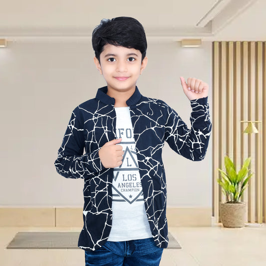 Navy Blue /Printed Full Sleeves Pure Cotton Boys T-shirt Attached with Shrug image 0